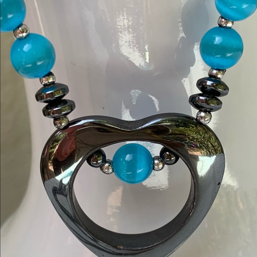 Hematite Heart With Blue Cat's Eye Necklace